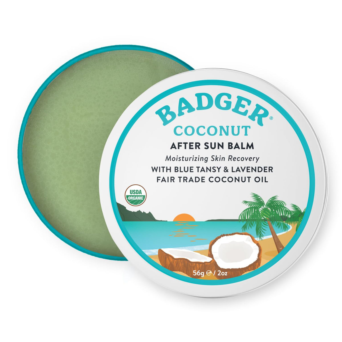 Badger Coconut AfterSun Balm tin front view showing compact packaging for post-sun care.