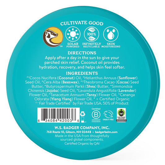 Badger Coconut AfterSun Balm tin side view ideal for beach bags and travel.