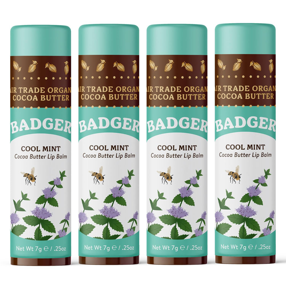 Badger Cool Mint Cocoa Butter Lip Balm stick ready for long-lasting hydration.