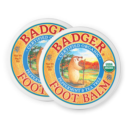 Badger Foot Balm tin on shelf for deep foot hydration