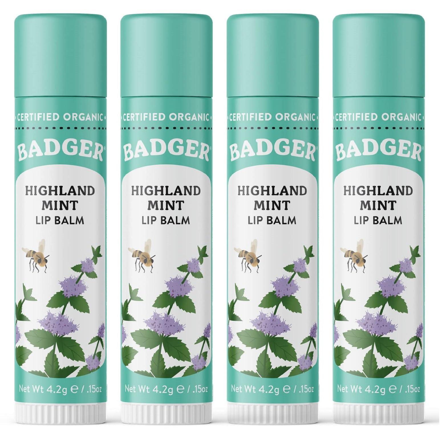 Badger Highland Mint Lip Balm 4-pack packaging shown for convenient on-the-go care