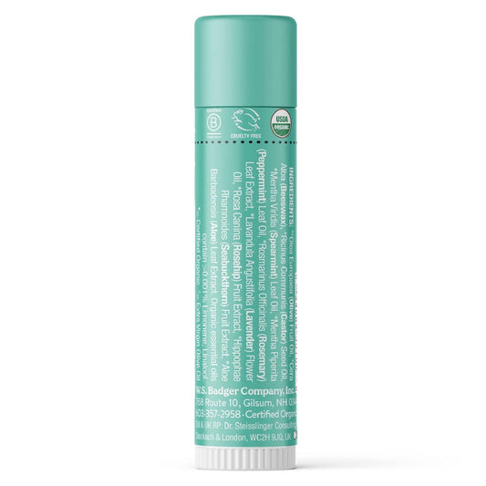 Close-up of Badger Highland Mint Lip Balm texture showing silky glide