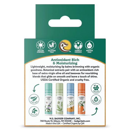 Badger lip balm lineup showing four flavors for daily hydration