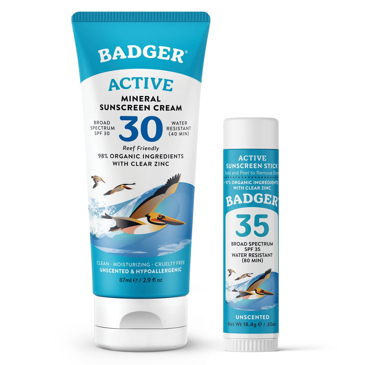 Badger mineral sunscreen cream bottle front label showing unscented protection