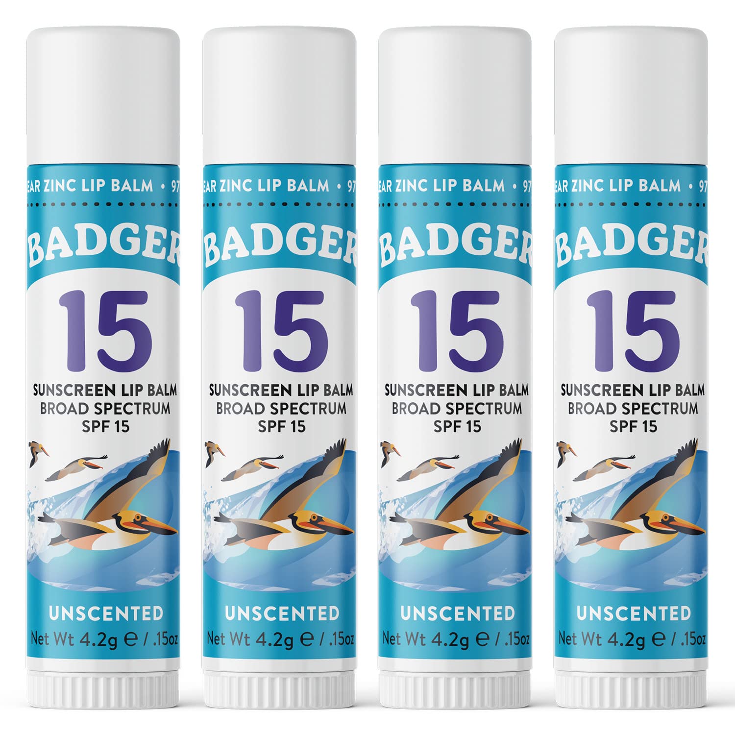 Badger Mineral Sunscreen Lip Balm SPF 15 stick close-up for sun protection.