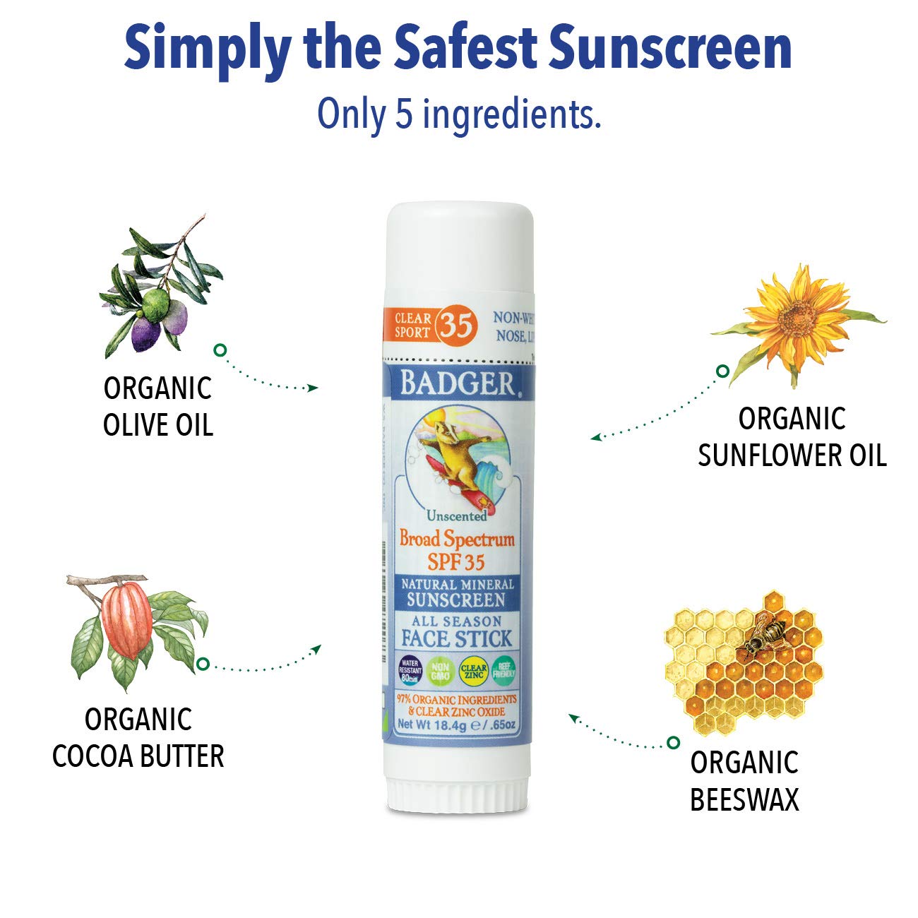 Badger reef safe icon on packaging indicating reef friendly sunscreen