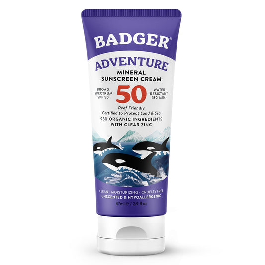 Badger Mineral Sunscreen SPF 50 tube for on-the-go sun protection.