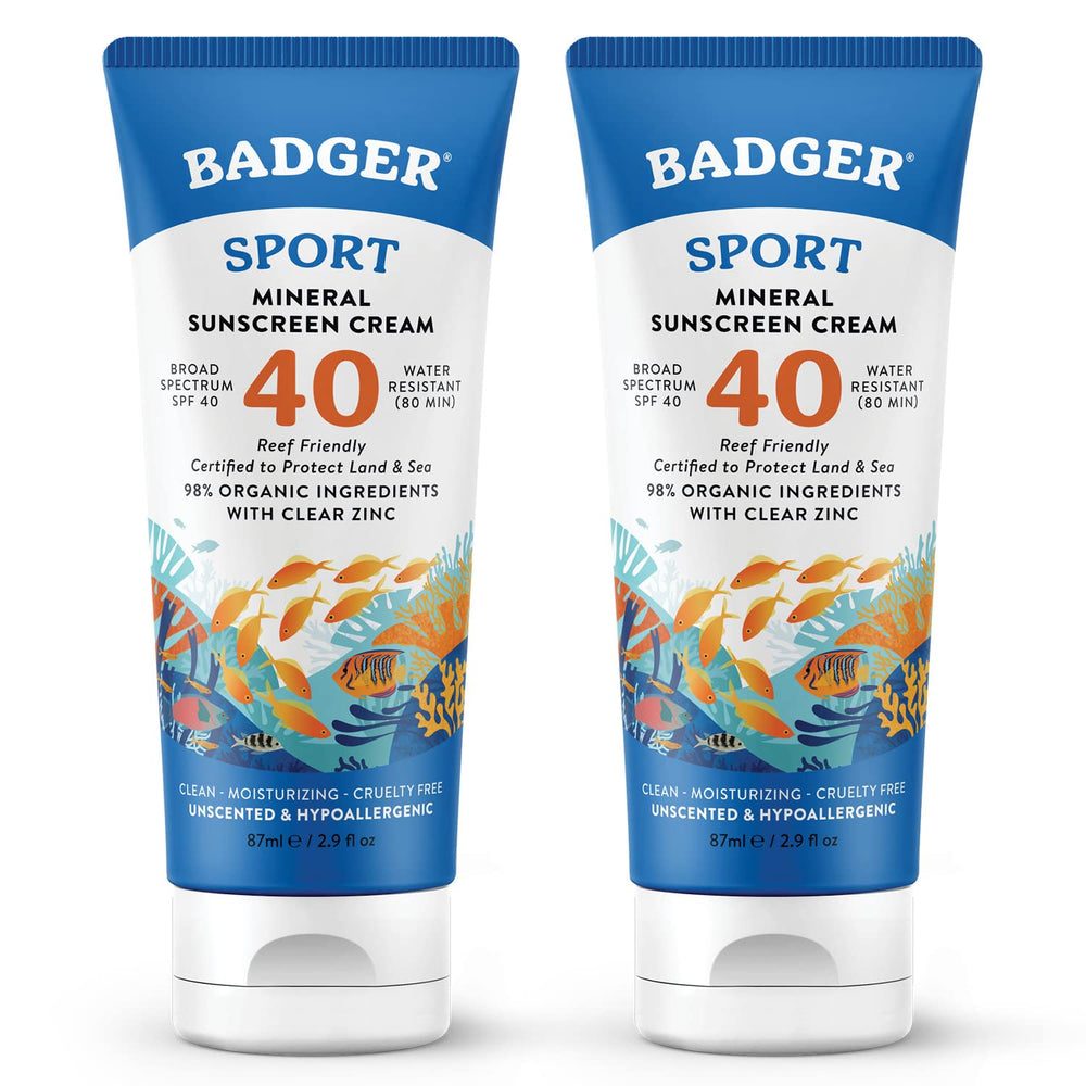 Badger reef safe sport sunscreen tube showing mineral zinc protection for beach days