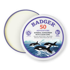 Badger SPF50 mineral sunscreen in a reef-safe tin for beach days.