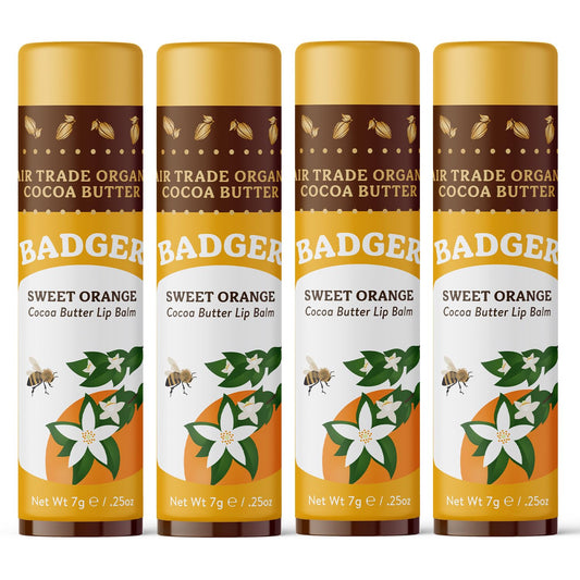 Badger Sweet Orange Cocoa Butter Lip Balm 4-pack front view for all-day moisture.
