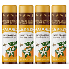 Badger Sweet Orange Cocoa Butter Lip Balm 4-pack front view for all-day moisture.