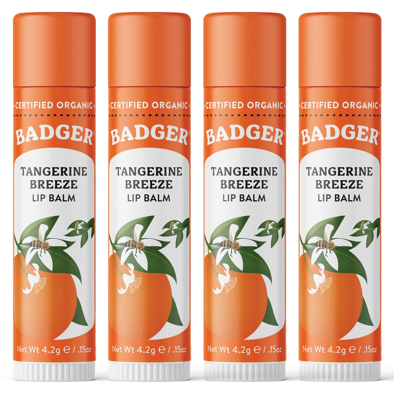 Badger Tangerine Breeze lip balm packaging showing a four-pack for family use