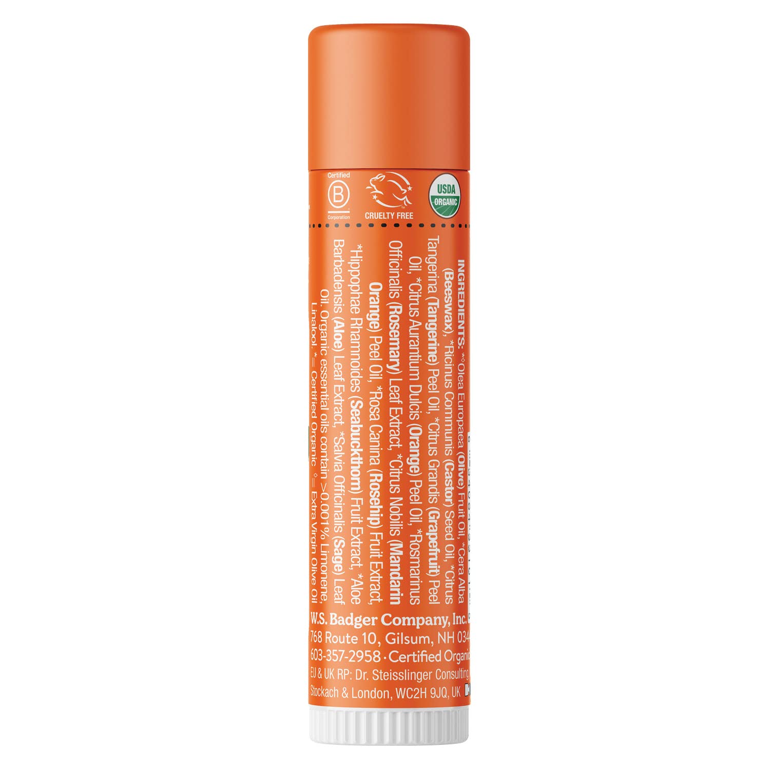 Close-up of Badger Tangerine Breeze lip balm tube top with smooth glossy application