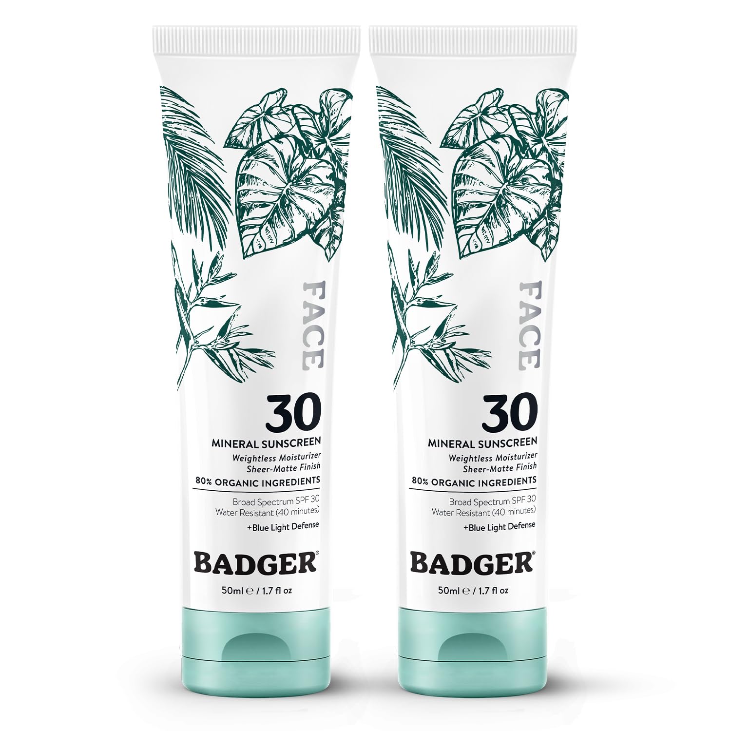 Badger zinc oxide sunscreen bottle with SPF 30; lightweight and sheer-matte finish
