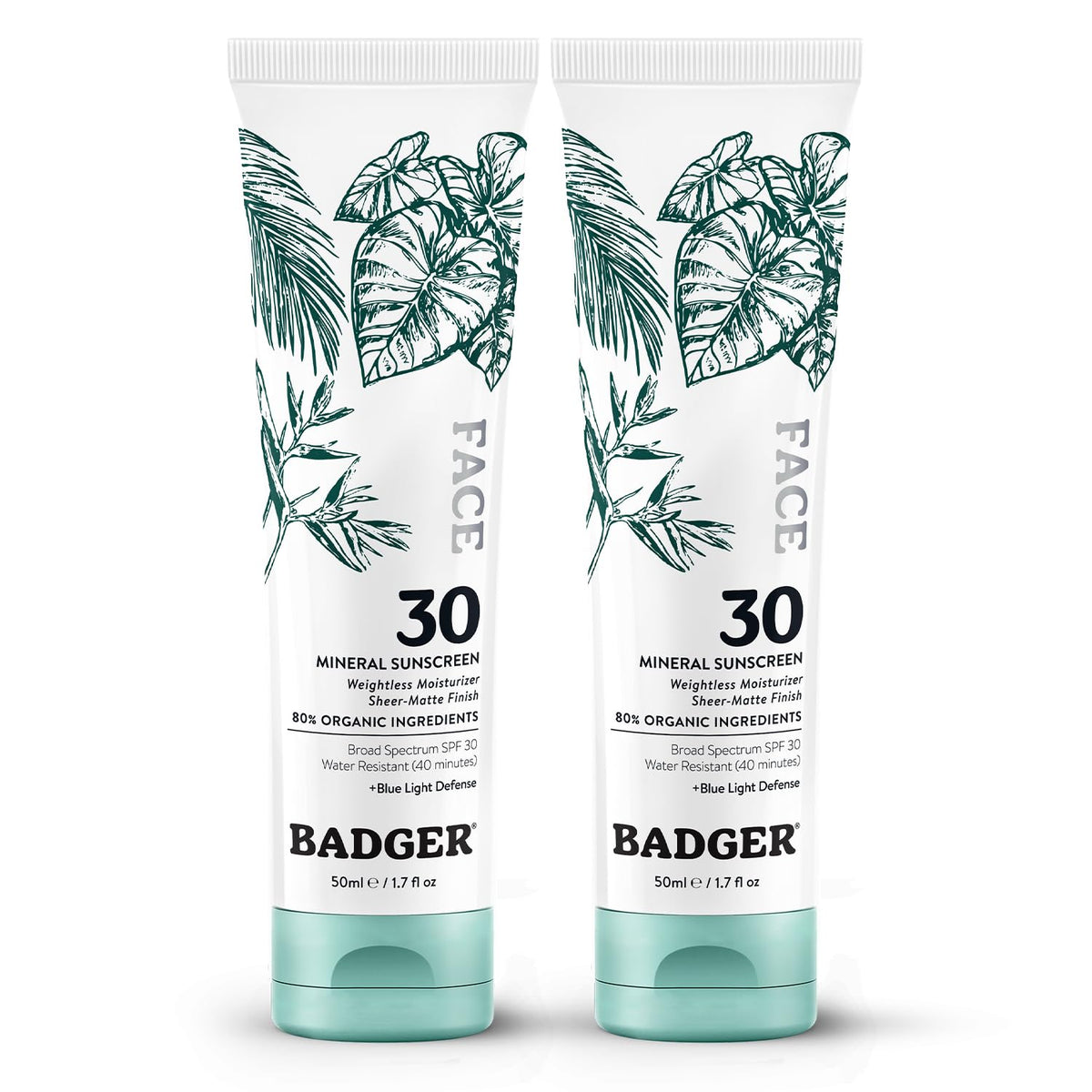 Badger zinc oxide sunscreen bottle with SPF 30; lightweight and sheer-matte finish