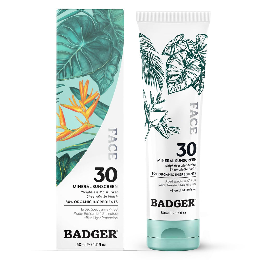 Badger zinc oxide face sunscreen SPF 30 in a tube showing mineral protection for daily use