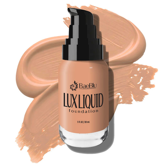 Baeblu LUX Maple bottle shows vegan clean formula for daily natural coverage.