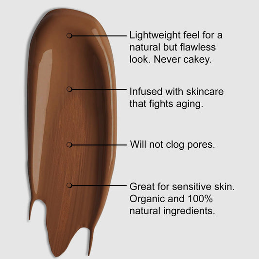 BaeBlu Lux Foundation packaging display highlighting organic aloe and gluten-free claims.