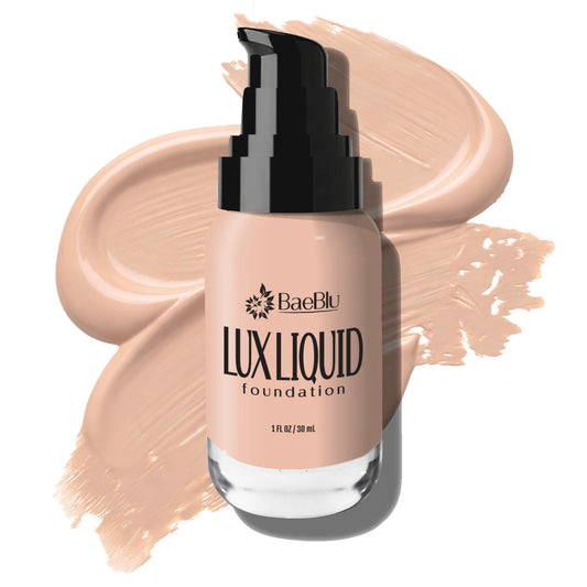 BaeBlu Lux foundation bottle highlights organic aloe for a natural finish.