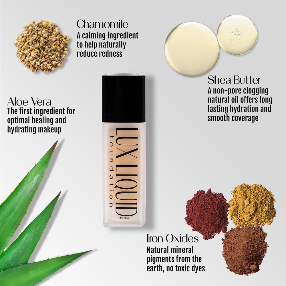 BaeBlu Organic Aloe Lux Foundation product shot under soft lighting conveys premium vegan makeup.