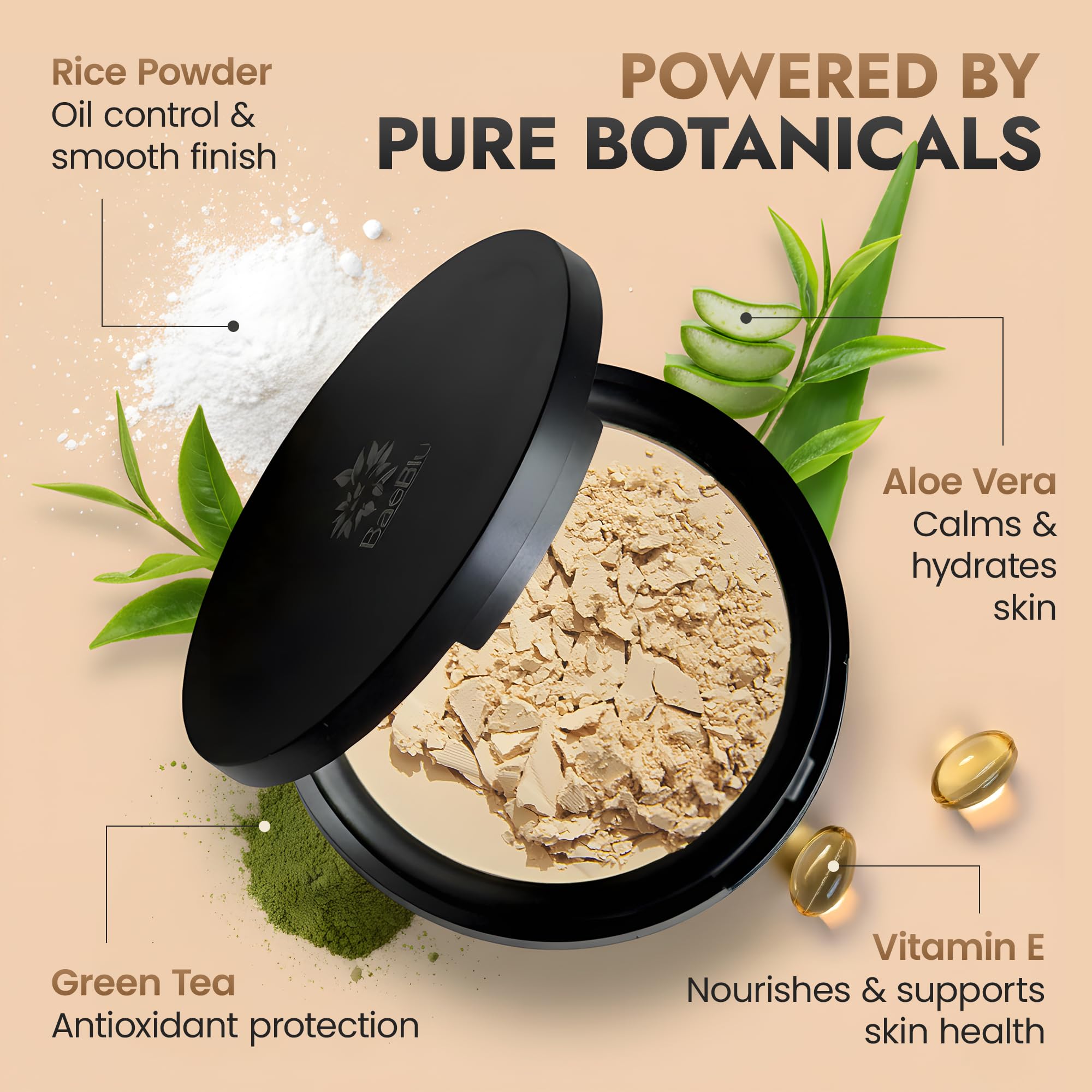 BaeBlu setting powder applied on skin for long-lasting matte look