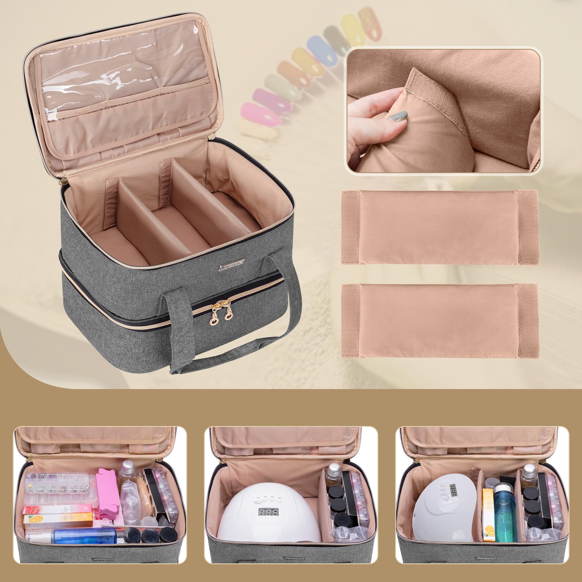 BAFASO nail polish storage bag lamp compartment fits a standard nail lamp.