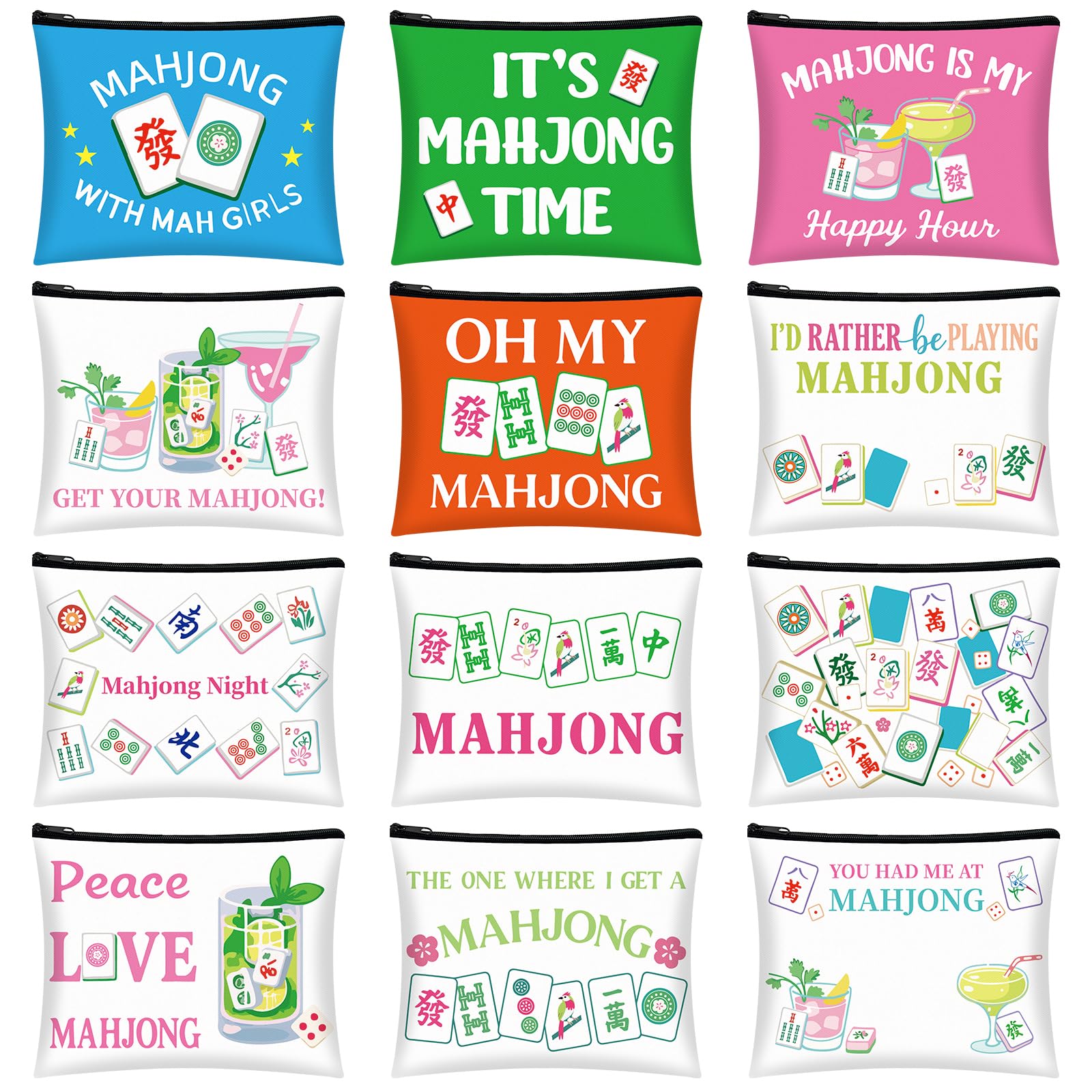Bafeil 12-piece Mahjong cosmetic bag set packshot showcases diverse designs for stylish organization.