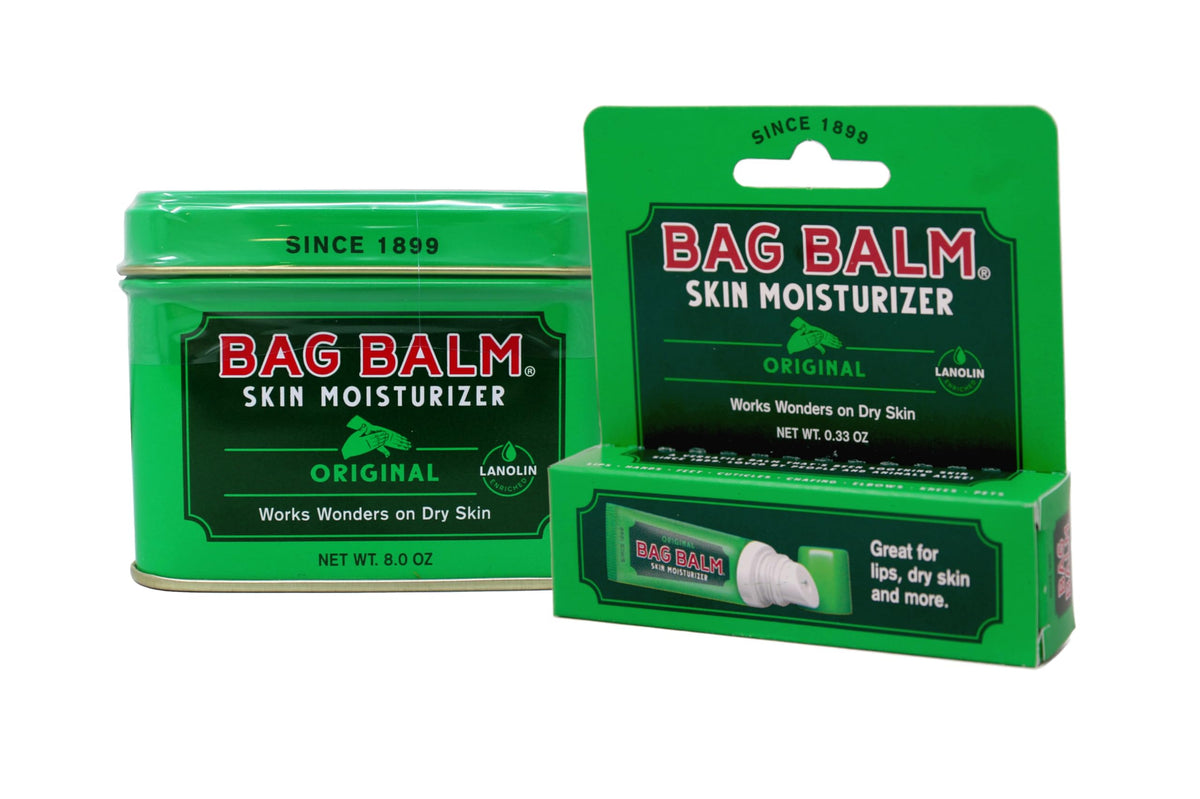 Bag Balm 8oz tin shown, versatile moisturizer for dry hands and feet.