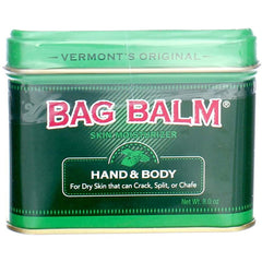 Bag Balm green tin with cow head logo demonstrates iconic packaging and moisture benefits.