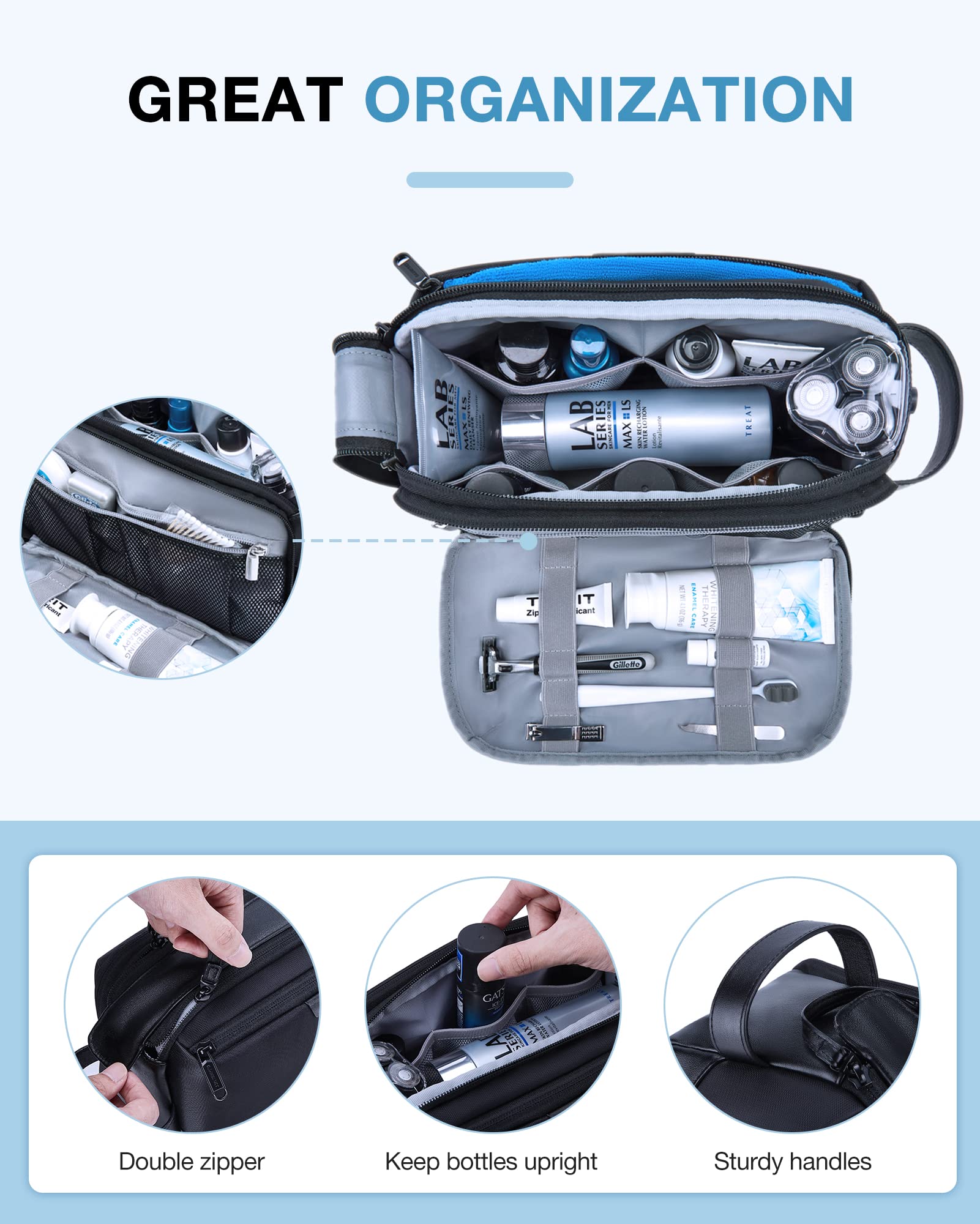 BAGSMART Dopp Kit with water-resistant exterior protects items on the go.