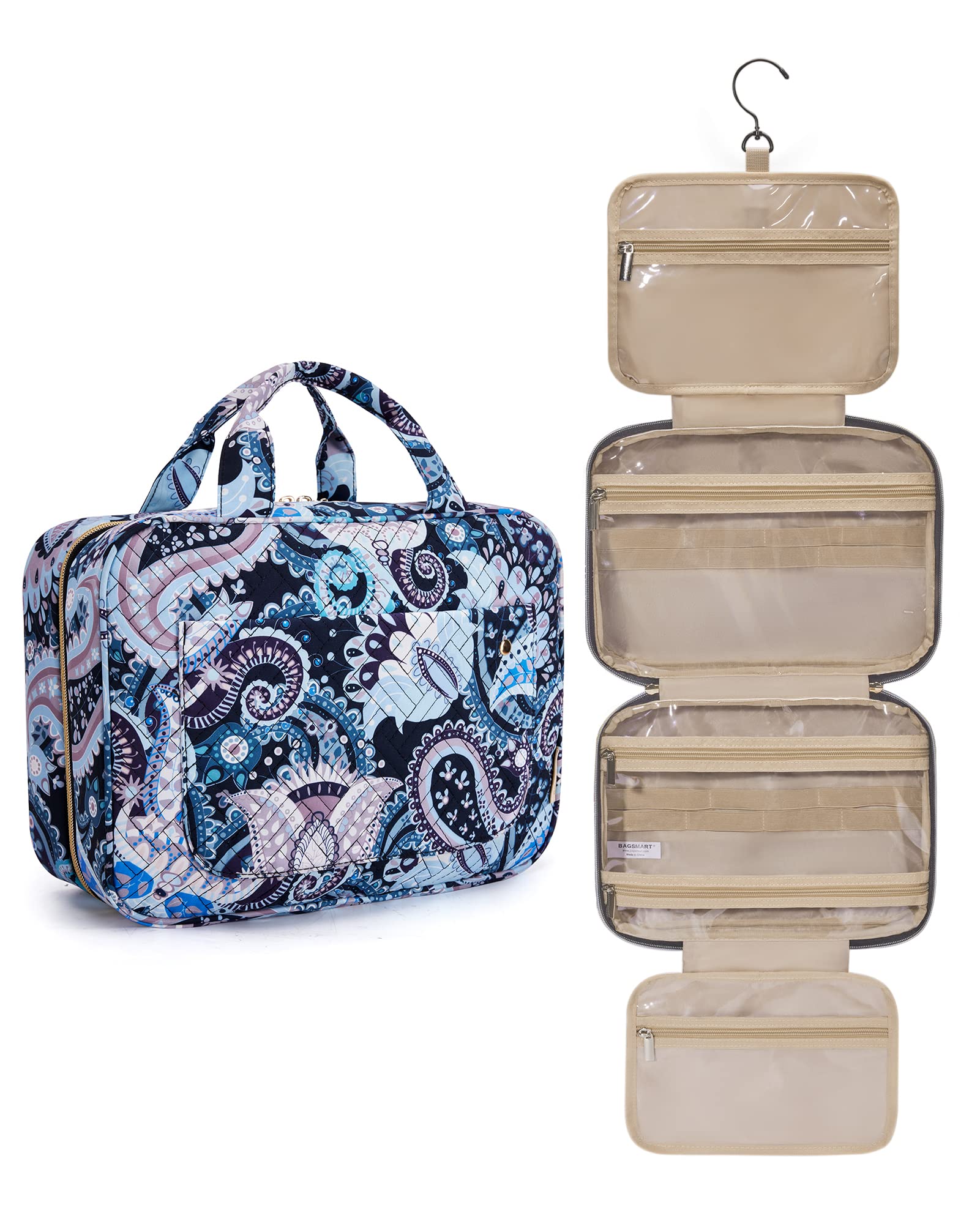 BAGSMART toiletry bag with hanging hook in blue paisley for easy travel access