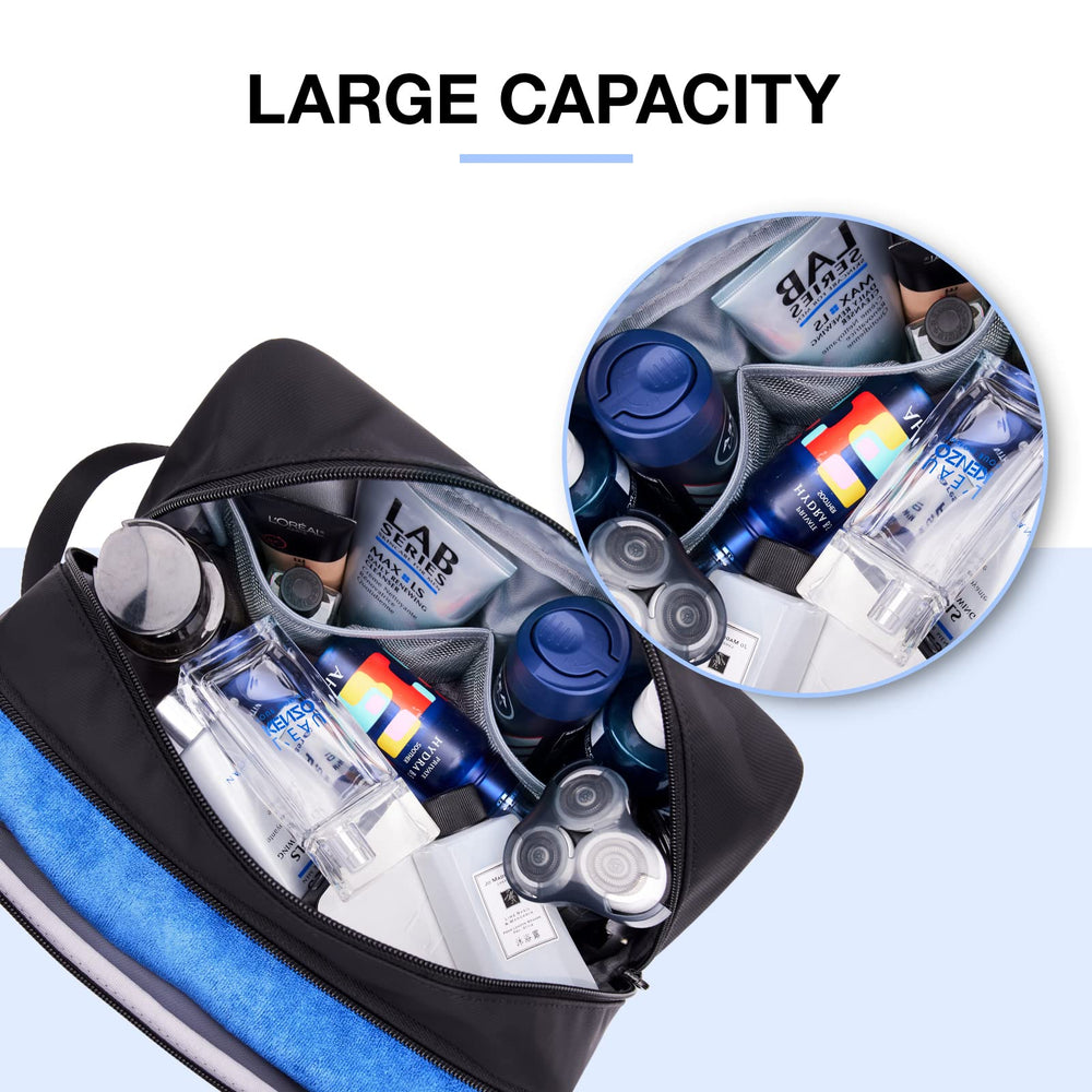 BAGSMART toiletry bag main compartment holds full shaving kit and bottles.