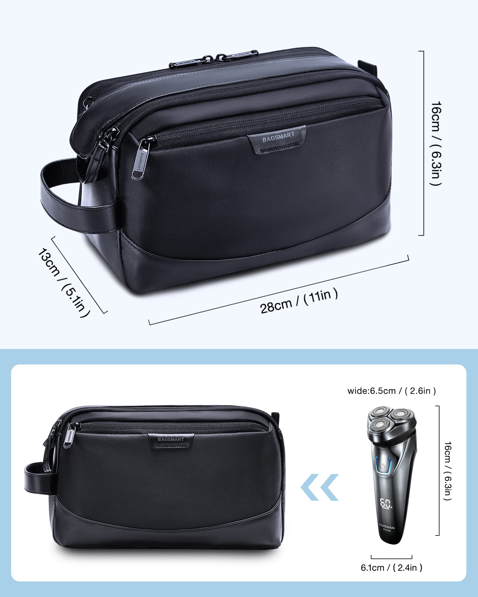 BAGSMART Toiletry Bag wide opening with double-zipper for quick access.
