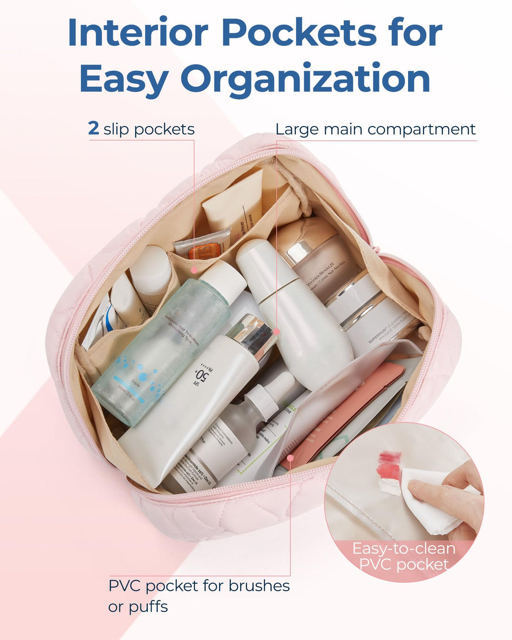 BAGSMART travel cosmetic bag in soft pink fabric, easy to handle on trips.