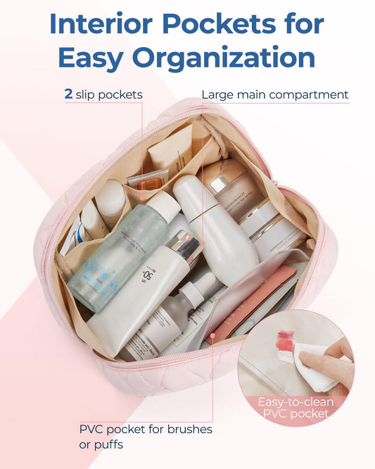 BAGSMART travel cosmetic bag in soft pink fabric, easy to handle on trips.