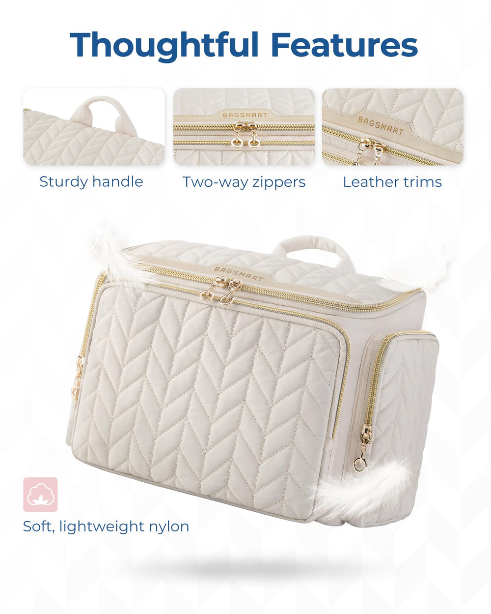 BAGSMART purple travel bag made from lightweight puff material for comfort.