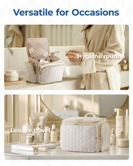 BAGSMART purple toiletry bag shows waterproof pocket for separating wet items.