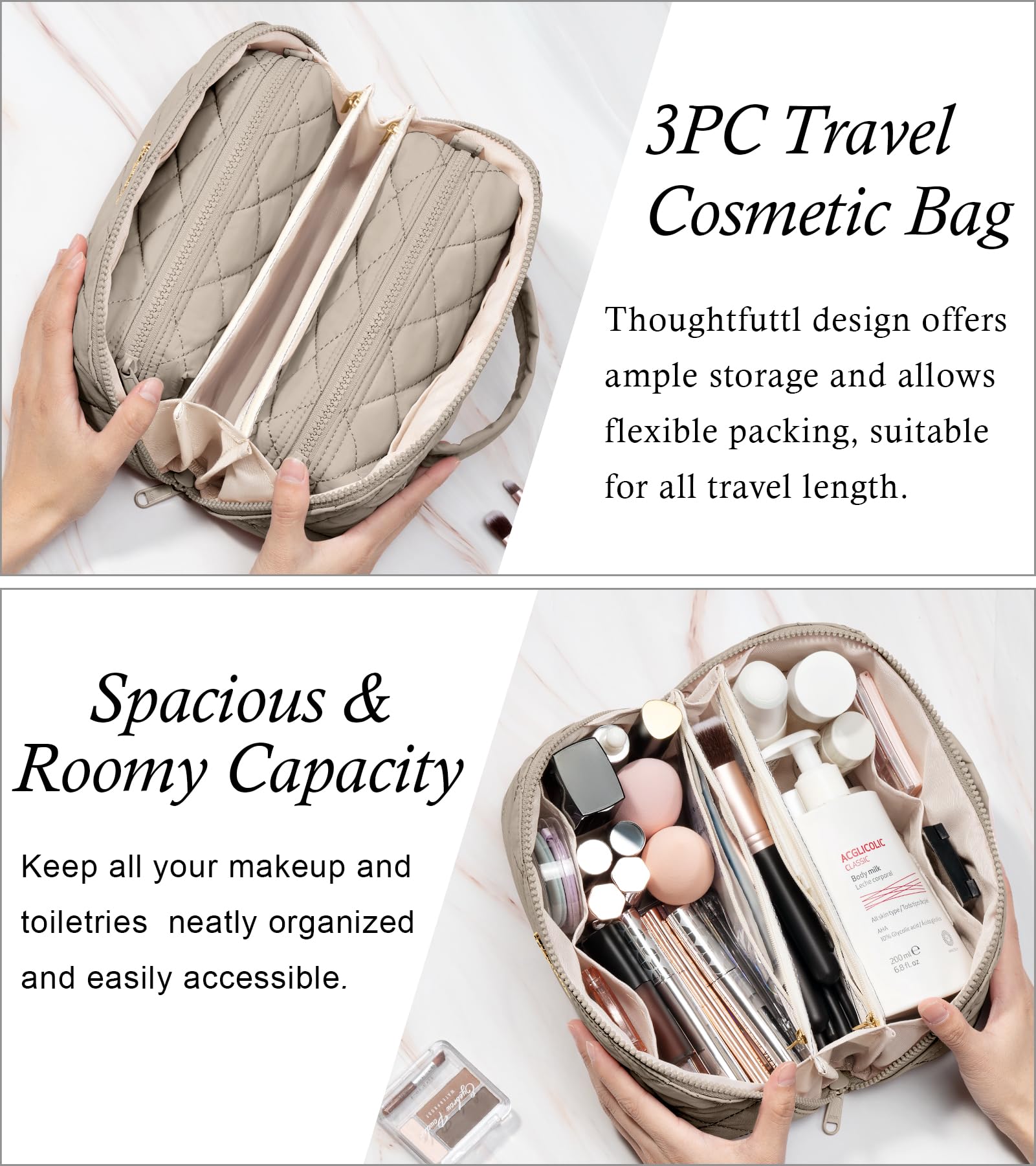 Bagstellar large size makeup bag holds a full skincare and makeup routine.