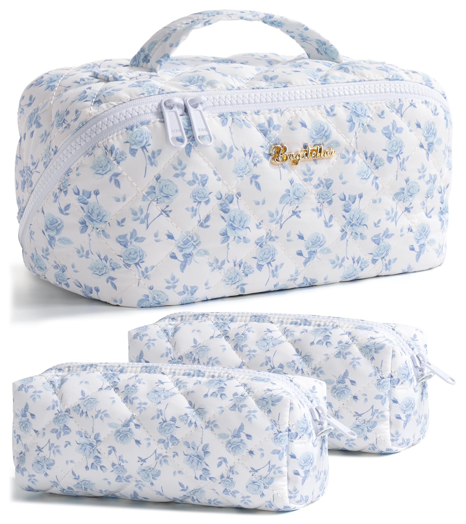 Bagstellar travel makeup bag in blue floral design with open-flat layout for quick access.