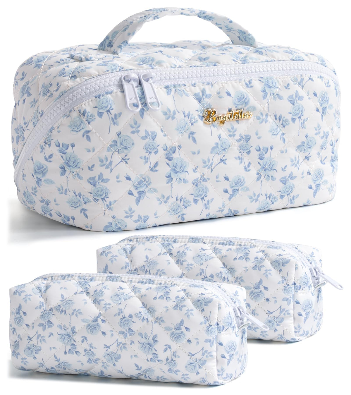 Bagstellar travel makeup bag in blue floral design with open-flat layout for quick access.