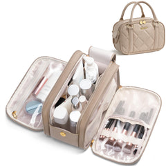 Bagstellar travel makeup bag camel exterior shows durable PU leather and water resistance.