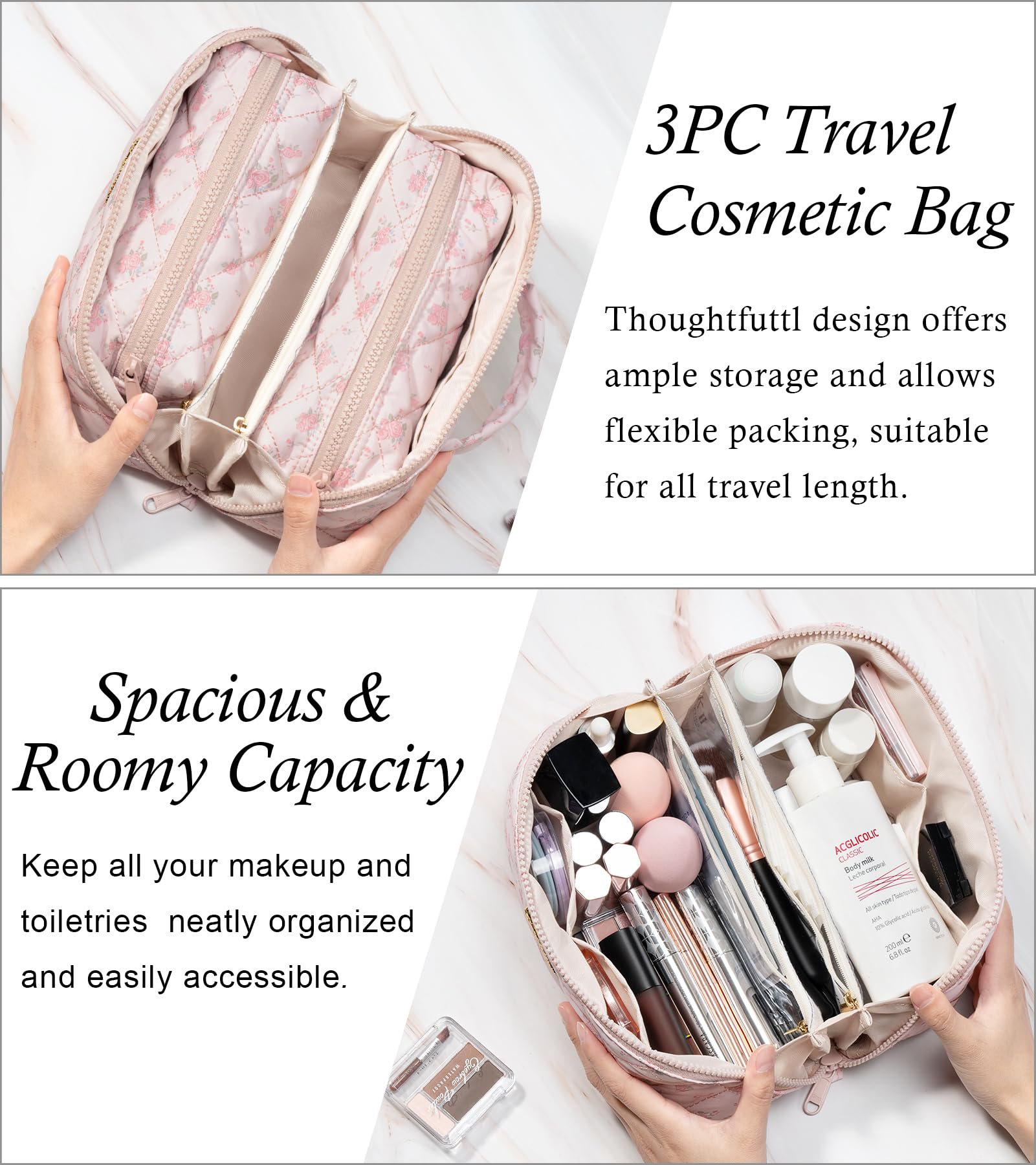 Large-capacity compartments illustrated for skincare and makeup organization during travel.
