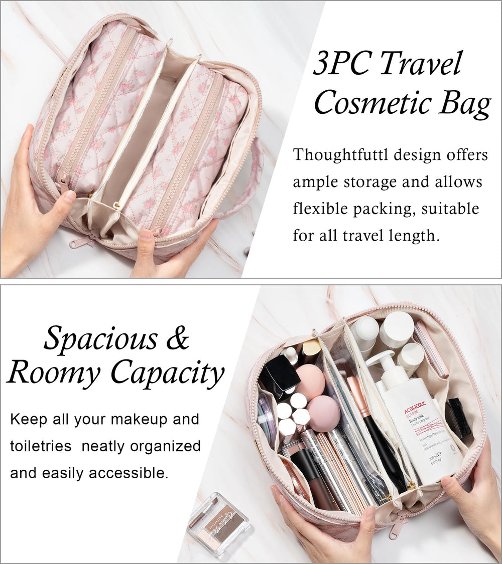 Large-capacity compartments illustrated for skincare and makeup organization during travel.