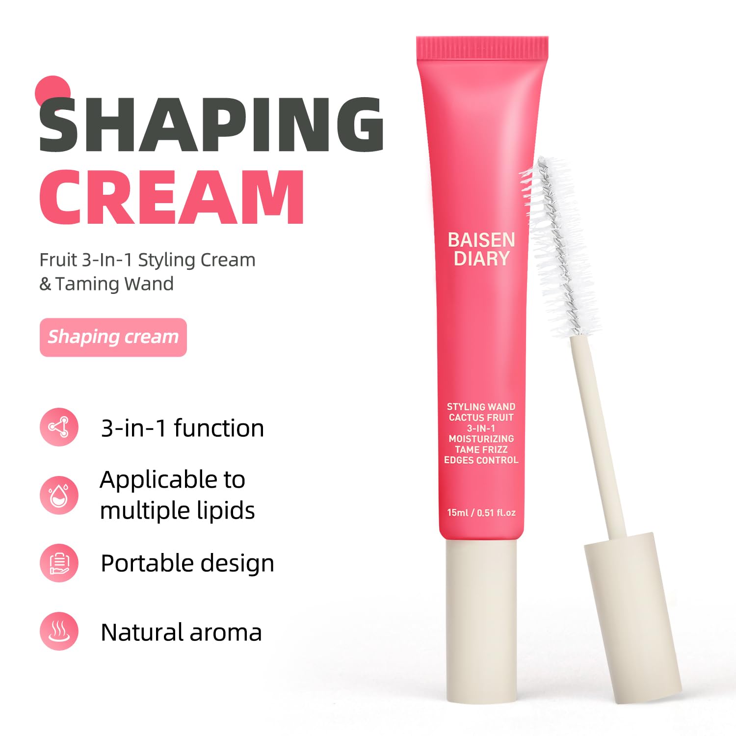 BAISEN DIARY 3-in-1 styling wand with built-in brush smooths flyaways on the go.