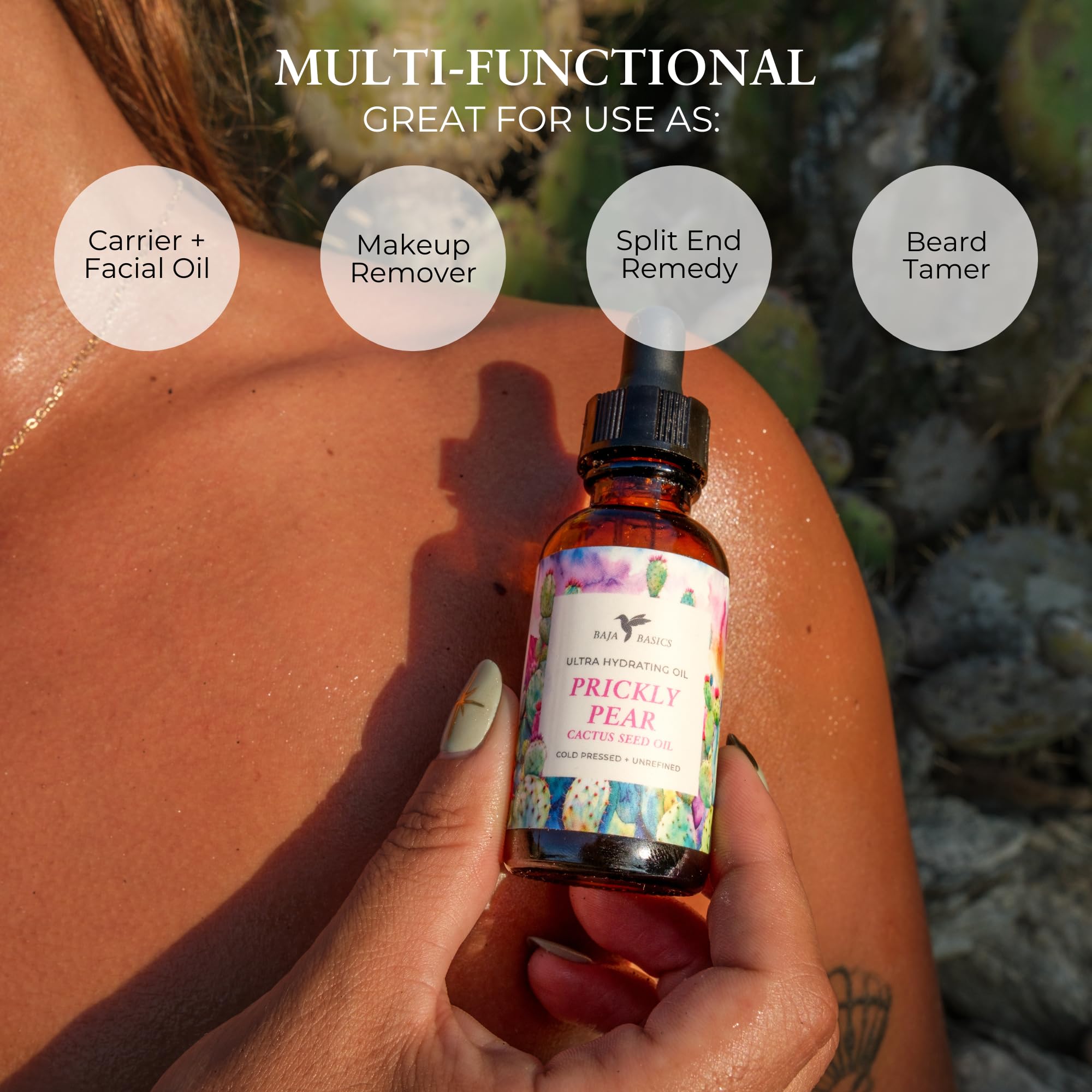 Baja Basics Prickly Pear Seed Oil label highlights organic cold-pressed ingredients.