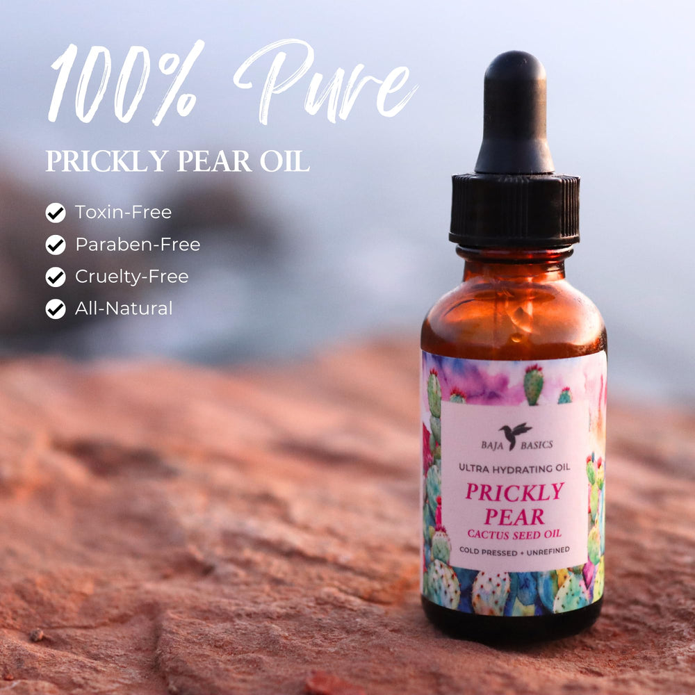 Baja Basics Prickly Pear Seed Oil packaging design emphasizes travel-friendly 1 oz size.