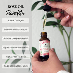 Baja Basics Rose Oil being massaged onto face for radiant skin.