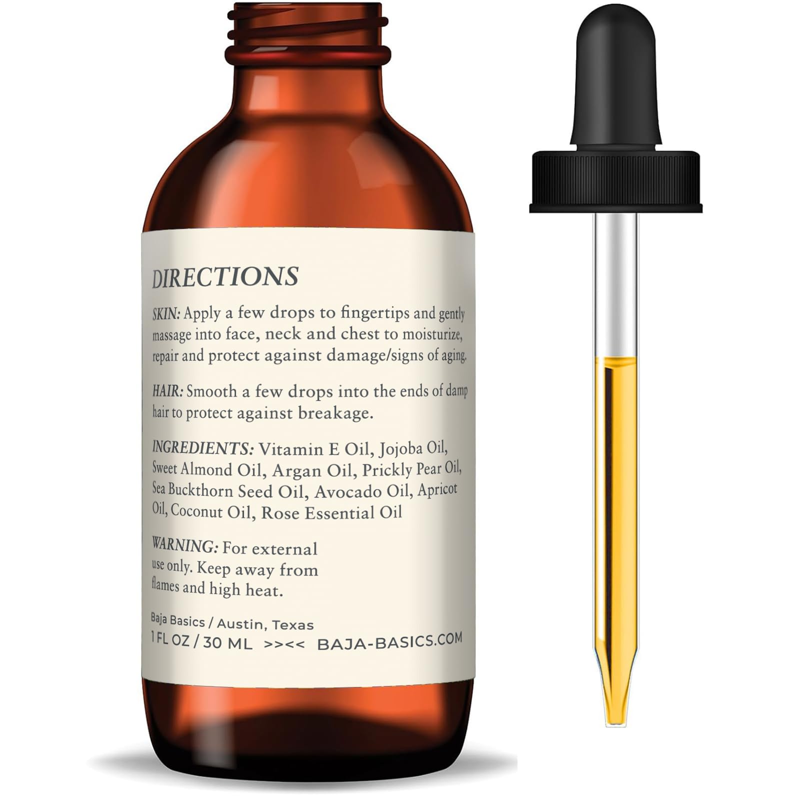 Baja Basics Rose Oil as hair oil for shine and manageability.