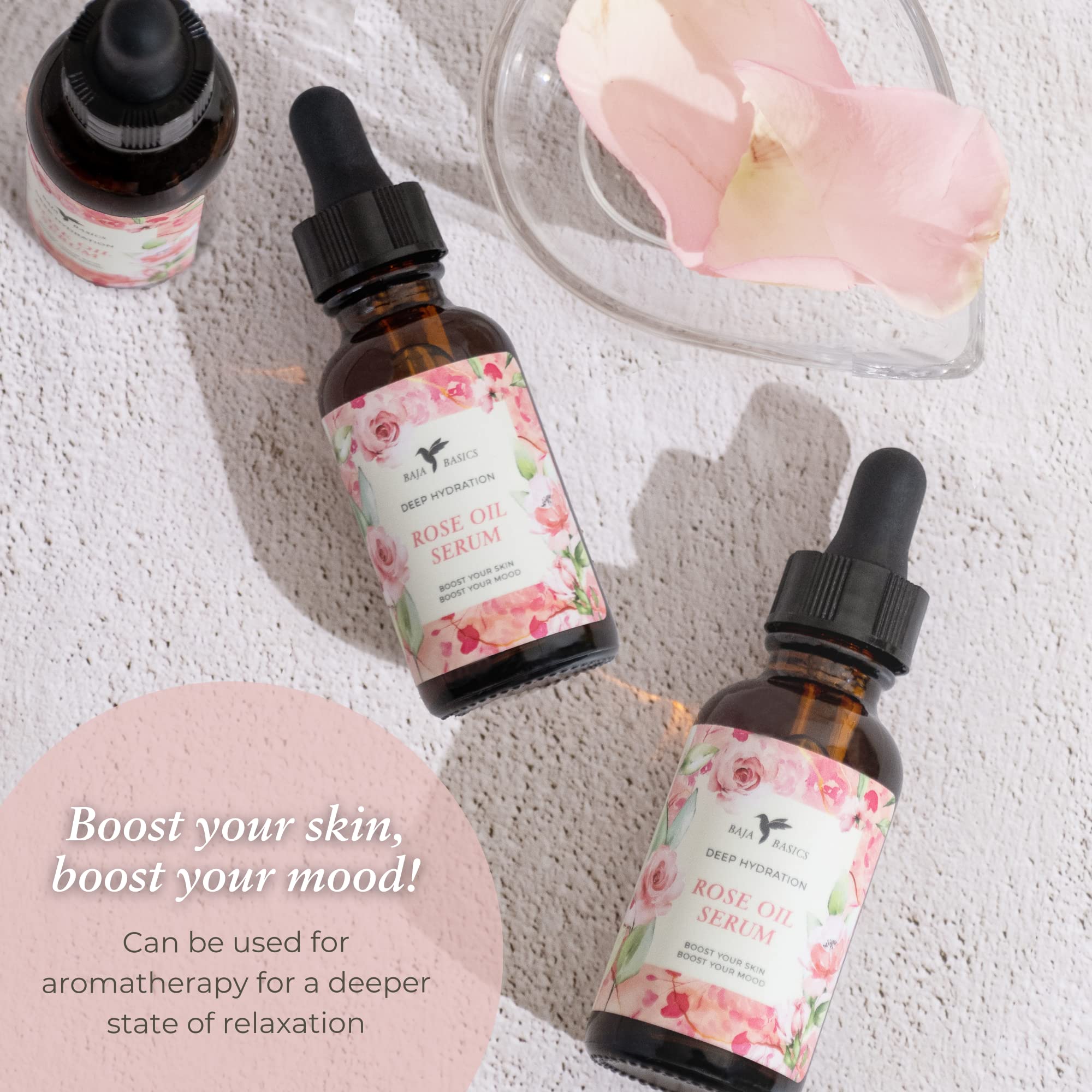 Baja Basics Rose Oil on nails and cuticles for hydration.
