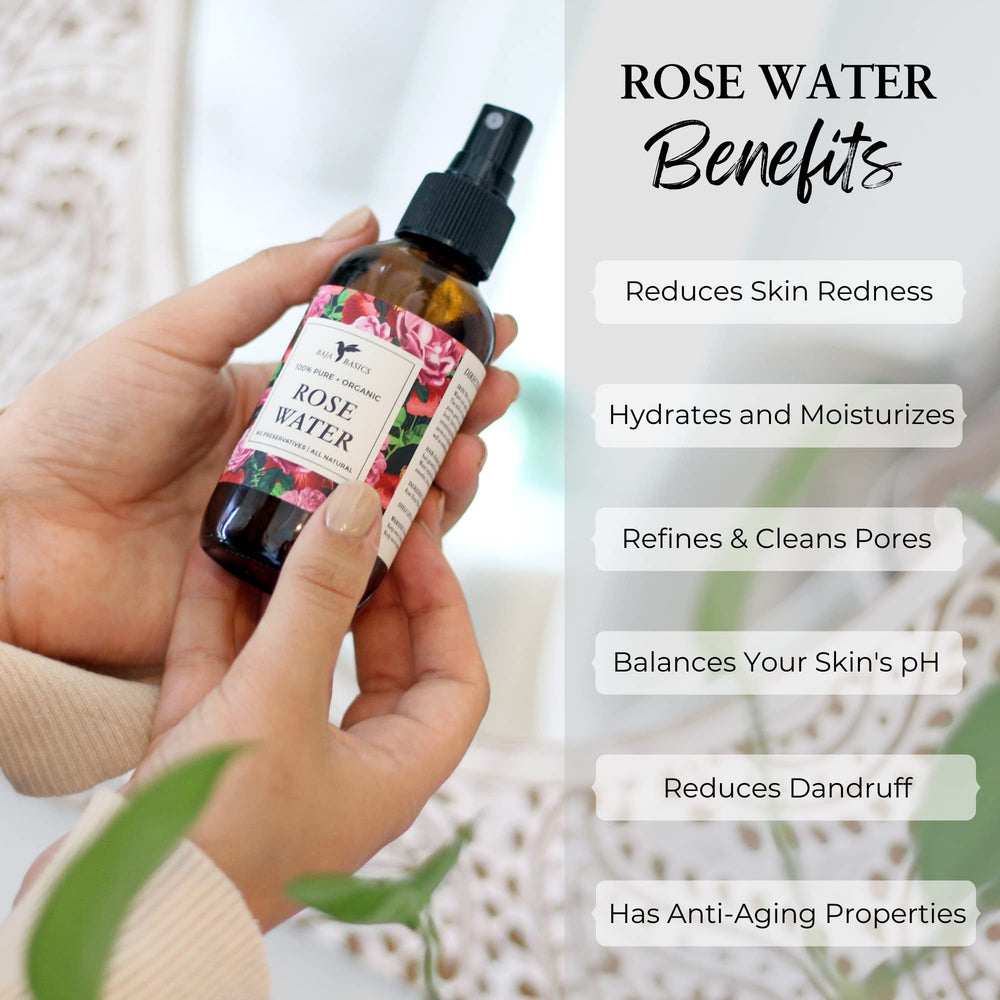 Baja Basics Rose Water Spray on the body for quick hydration and a fresh scent.